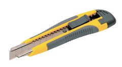 Нож MASTERTOOL 18 мм ABS пластик TPR покрытие с металлической направляющей кнопочный фиксатор 3 лезвия 17-0119